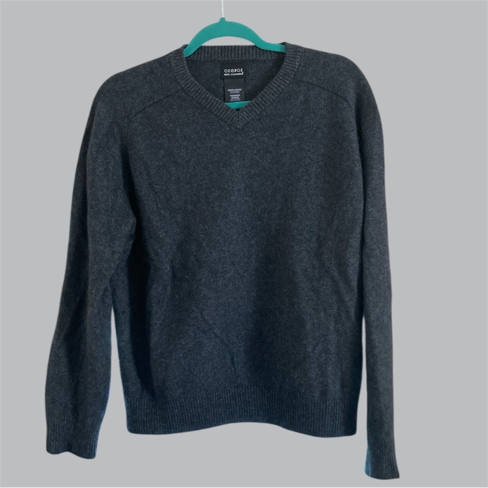George 100% Cashmere Charcoal Gray Heather V-neck Sweater Men's Large(42/44) EUC - Picture 1 of 3